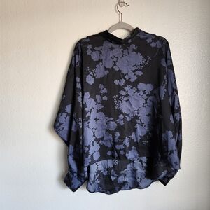 Zara Tie Neck Floral Blouse Blue Black Silky Size Small